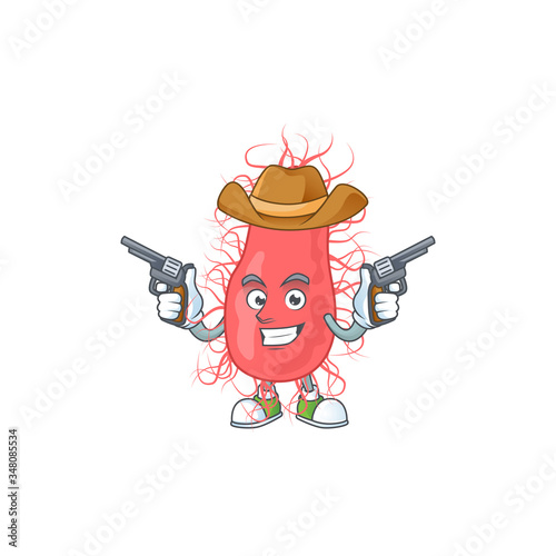 A cowboy cartoon character of escherichia holding guns