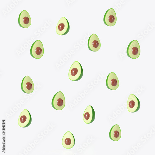 avocado fruits 3d render pattern isolate on white background.