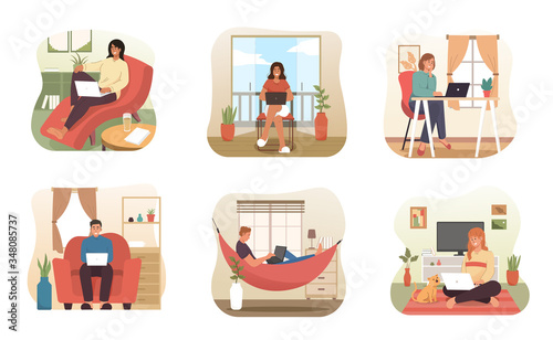 People work from home. Freelancer character working on laptop at home. Comfortable workplace