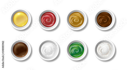 Set of realistic sauces in caps. Olive oil, soy sauce, pesto, mayonnaise, mustard, chocolate and tomato ketchup. Ceramic caps top view. Ingredients for salads and cooking food isolated. Vector