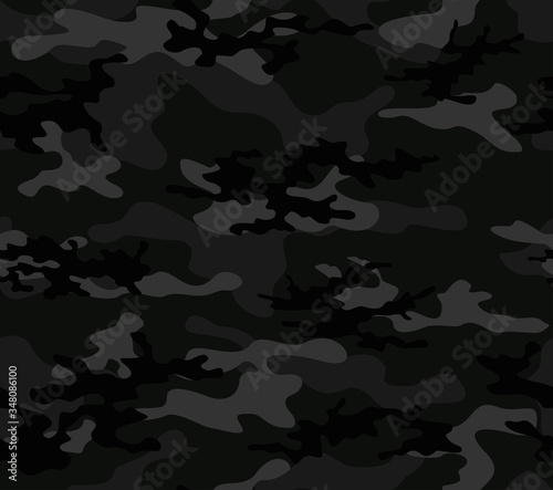 Black camouflage seamless pattern military texture for print. Night background. Vector