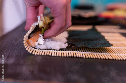 Making homemade sushi, when you can't go out to buy, rice, salmon