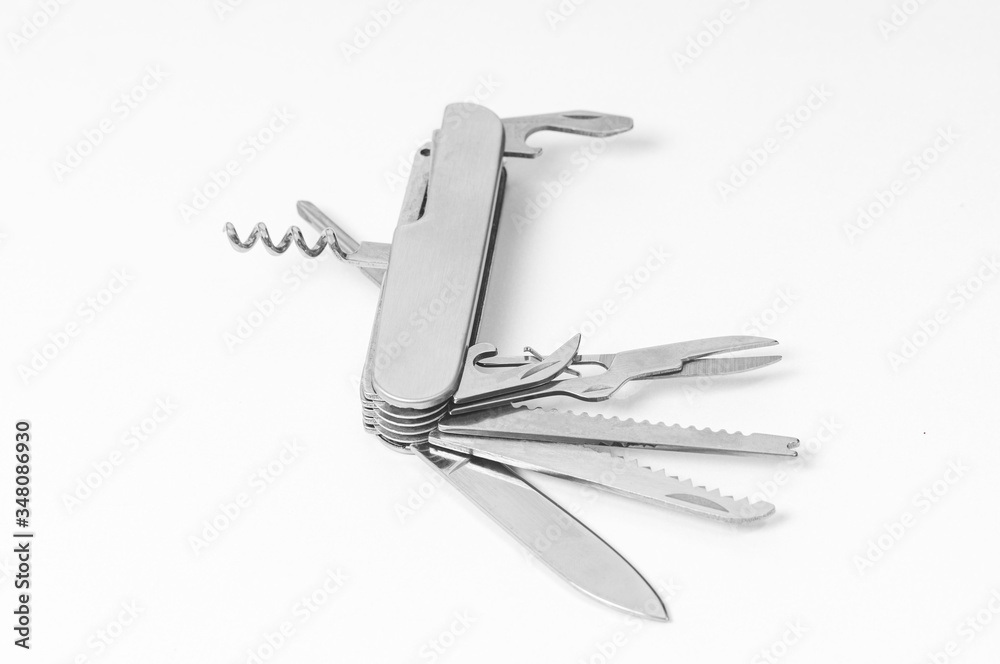 multi-function knife on white background close-up, mock-up, blank for your design multi-function knife on white background close-up, mock-up, blank for your design