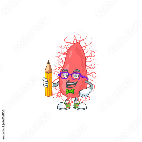 Escherichia student cartoon character studying with pencil