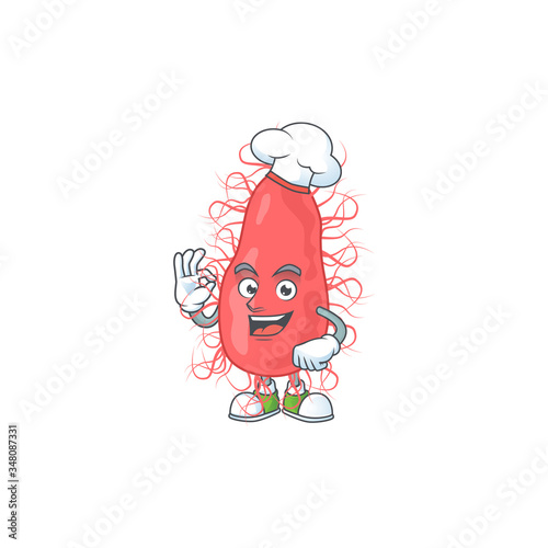 Escherichia cartoon design style proudly wearing white chef hat