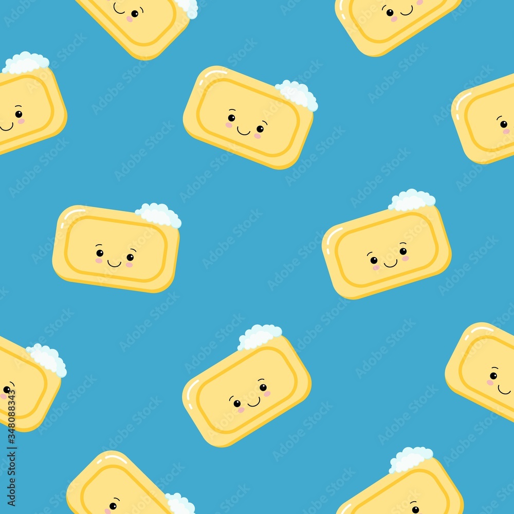 Seamless pattern pieces of solid yellow soap cute happy character. Color illustration on a blue background.