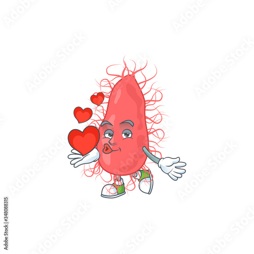 An adorable cartoon design of escherichia holding heart