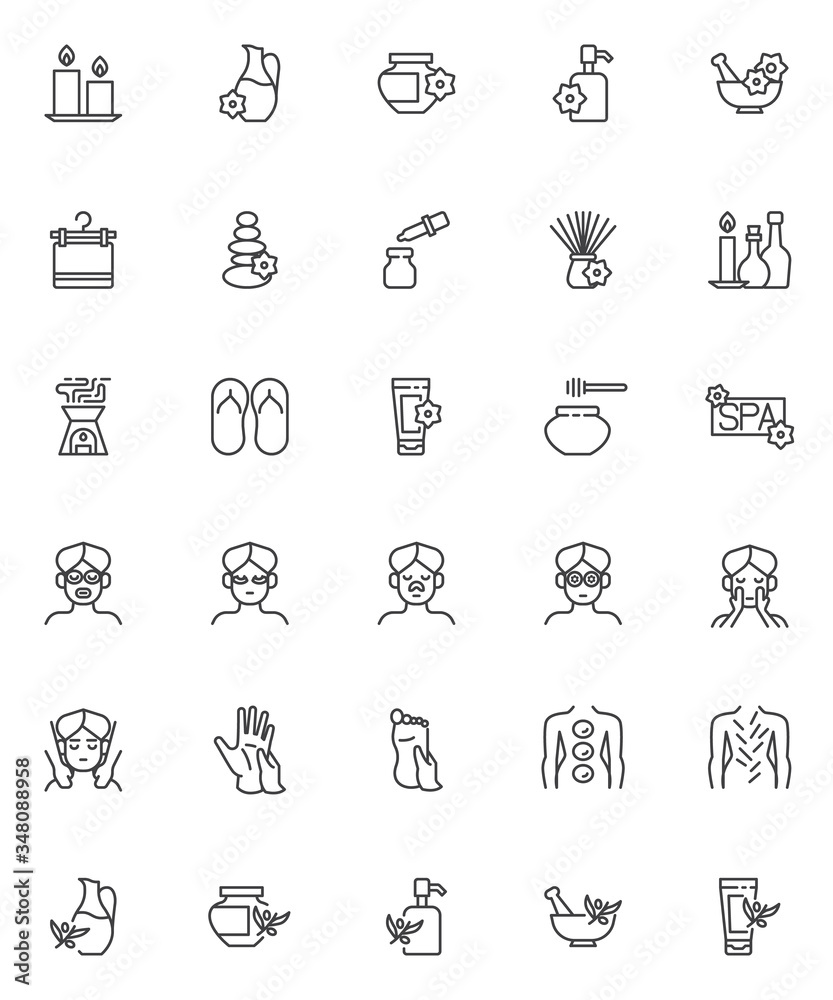 Spa salon line icons set. Wellness linear style symbols collection, outline signs pack. vector graphics. Set includes icons as face massage, essential oil, hot stone therapy, aromatherapy, acupuncture Spa salon line icons set. Wellness linear style symbols collection, outline signs pack. vector graphics. Set includes icons as face massage, essential oil, hot stone therapy, aromatherapy, acupuncture