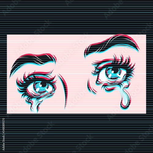 Vector hand drawn illustration of crying eyes. Digital glitch effect.