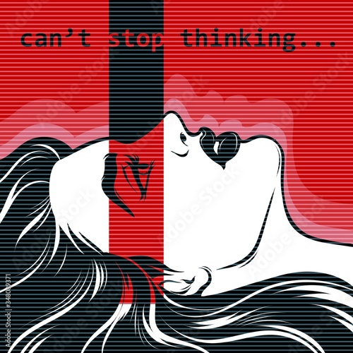 Hand drawn illustration of woman's face on red background. Cant's stop thinking.