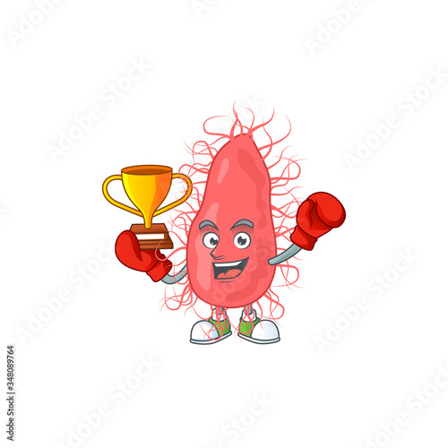 Proudly face of boxing winner escherichia presented in cartoon character design