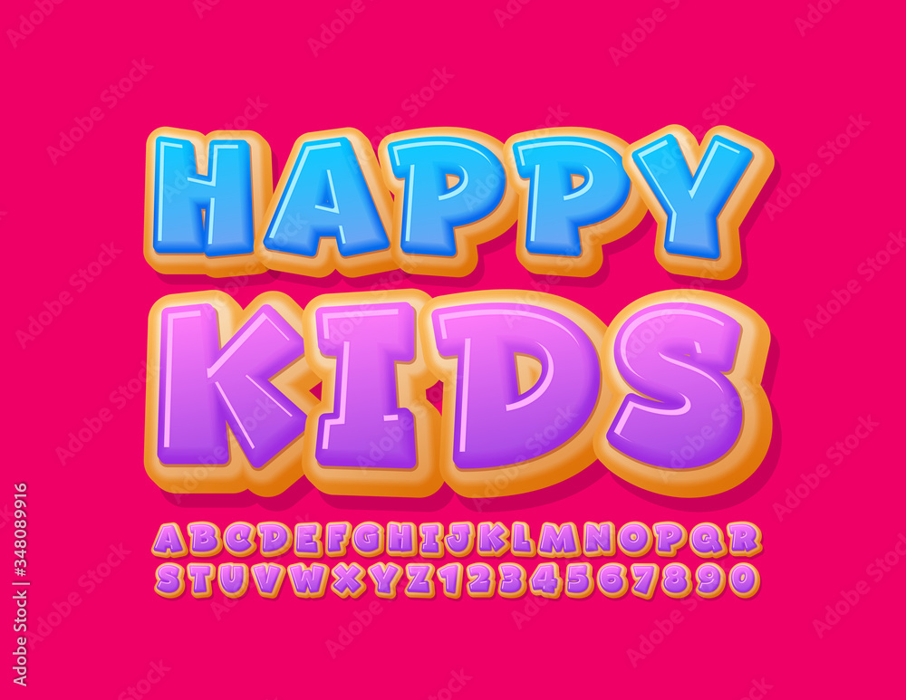 Vector bright emblem Happy Kids with creative tasty Font. Donut Alphabet Letters and Numbers