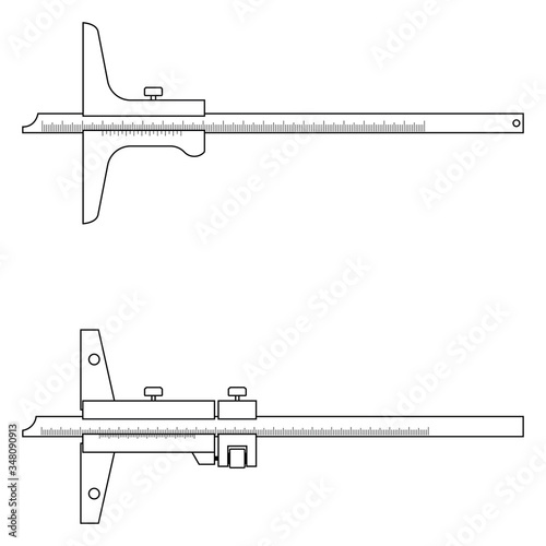 Vernier depth gauge. Measuring instrument. Vector thin line