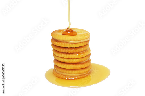 Caramel honey Biscuits topped with honey sweet dessert tasty food on white background