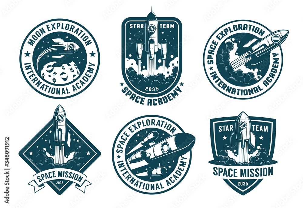 Retro space badges set. Astronaut emblems with launch rocket vintage ...