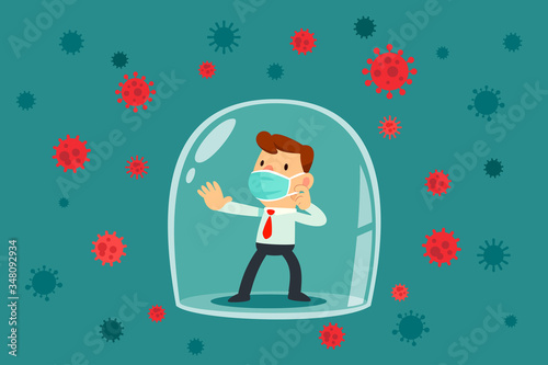 businessman wearing medical mask inside glass dome surrounded by virus cells