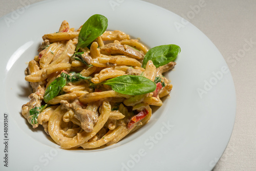 Creamy pasta with mushrooms served on a white plate