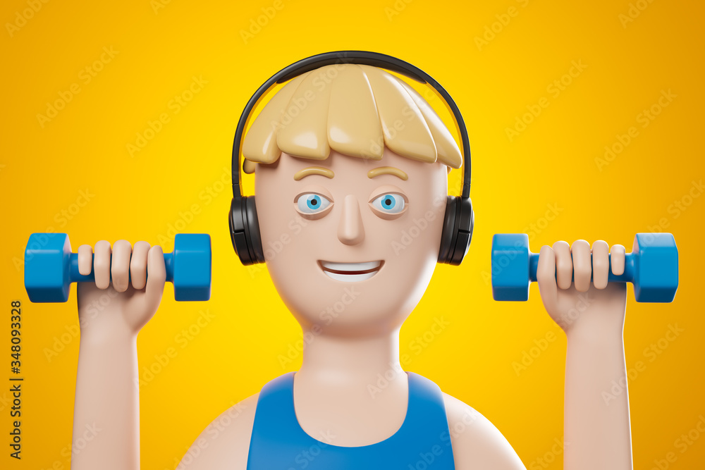 Cartoon portrait of handsome blonde man in  headphones doing exercises with blue dumbbell over yellow background.