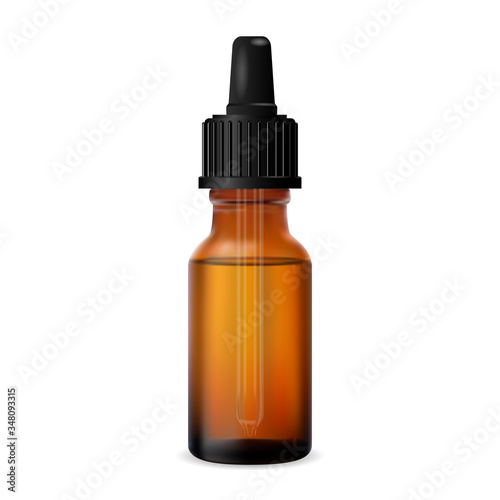 Essential oil bottle. Brown dropper cosmetic vial. Organic aromatherapy essence mock up with eyedropper. Skin care serum glass drop package. Medical nasal treatment liquid 3d blank