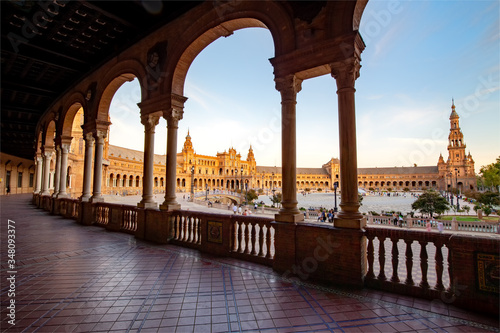 Evening at the Plaza de Espana in Seville, Andalucia, Spain.
