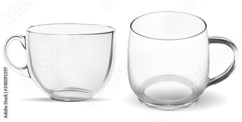 Coffee cup. Clean transparent glass tea mug mock up vector illustration. Realistic empty teacup for breackfast on white background. Perfect glassware blank with handle for hot drink