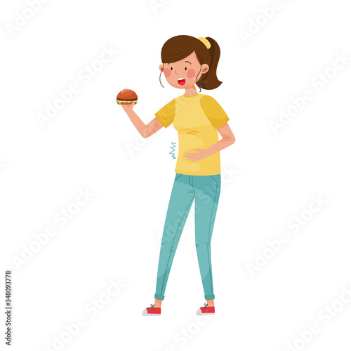Female Character with Symptom of Diabetes Such as Hunger Vector Illustration