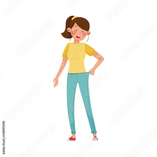 Woman Character Standing with Loose Fitting Jeans Vector Illustration