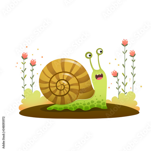 Vector illustration cute cartoon snail crawling in the garden on white background.