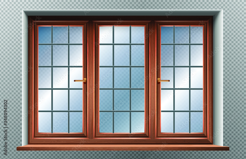 Fototapeta premium 3d realistic vector icon illustration of wooden framed window. Isolated.
