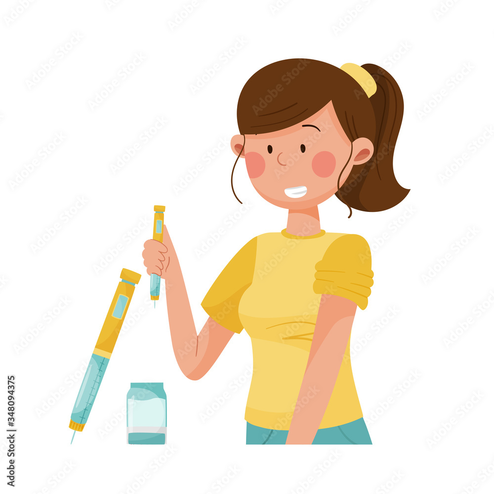 Young Woman Doing Insulin Injection as Diabetes Treatment Vector Illustration Young Woman Doing Insulin Injection as Diabetes Treatment Vector Illustration