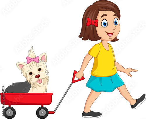 Cartoon little girl pulling wagon with puppy