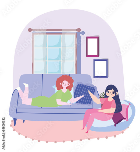 young women liying on sofa chair cushions cartoon