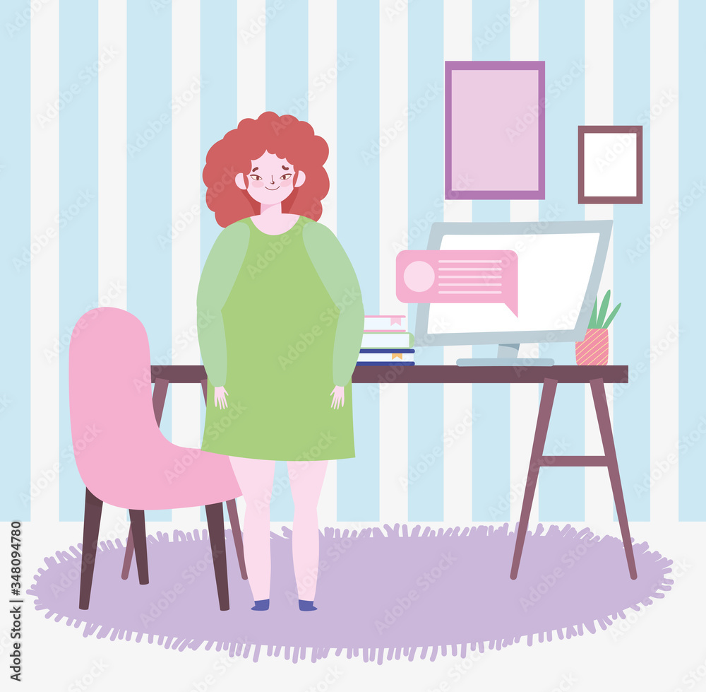 Fototapeta premium working remotely, woman standing room with computer desk books plant