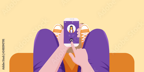 Can only communicate via online only. Can not go anywhere because of the corona virus epidemic.
Illustration about talking on the phone.