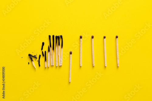 Burnt out and unburnt matches on color background. Concept of social distance photo