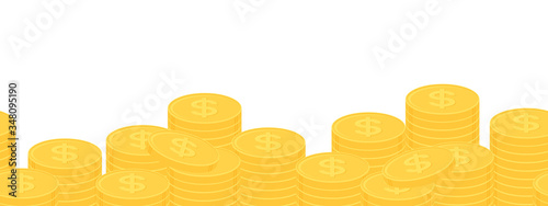 Stack of gold dollar coins bottom border seamless pattern. Business and finance concept. Flat design vector illustration.