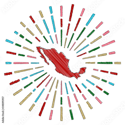 Sketch map of Mexico. Sunburst around the country in flag colors. Hand drawn Mexico shape with sun rays on white background. Vector illustration.