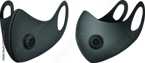 Vector 3d realistic industrial safety respiratory N95 face mask in black. Isolated illustration in side and front view. Safe breathing anti virus protection.