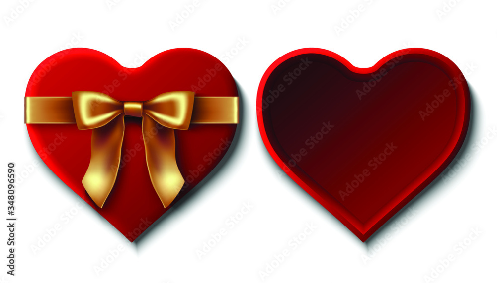 3d realistic vector red velvet candy open box with golden bow in heart shape. Top view with bottom and cover. Isolated illustration icon.
