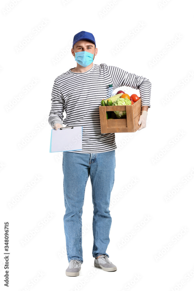 Courier of food delivery company on white background. Concept of epidemic Courier of food delivery company on white background. Concept of epidemic