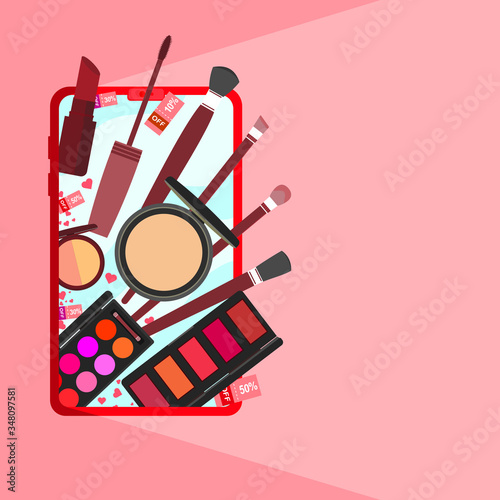 The vector banner of cosmetic online store on mobile phone.