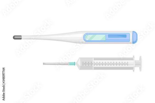 Fever Thermometer and Medical Syringe for Body Injection Vector Illustration