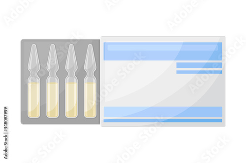 Glass Medical Ampoules or Ampuls in Carton Package as Pharmaceutical Drug or Medication Vector Illustration