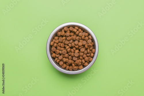 Dog food in a silver bowl. In the center. Green background. Copy, text sapce.