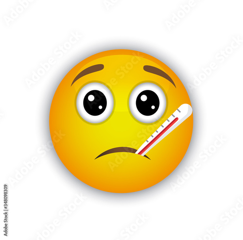 yellow round emoticon is sick with a thermometer in the mouth