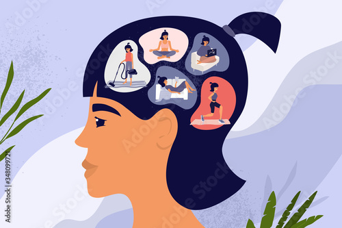 Female thoughts or brain, pensive woman concept. Cute girl stay home and choosing leisure activity. Reading, work, meditation, sport workout, housework routine, cleaning. Lifestyle vector illustration