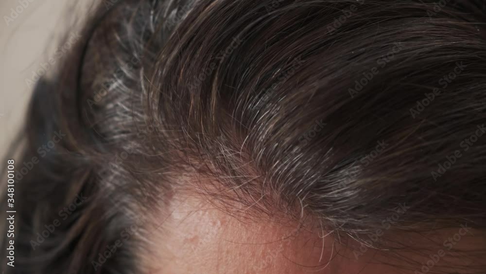 Middle age woman touching her dark hair with gray hair at the roots of the hair Middle age woman touching her dark hair with gray hair at the roots of the hair