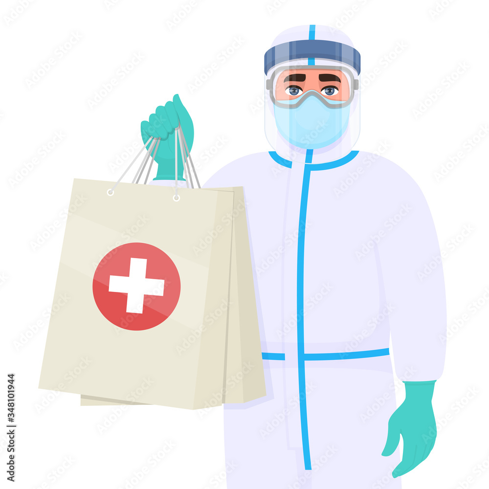 Person in safety protection suit uniform, mask, glasses and face shield holding shopping bags. Doctor holding purchasing packs. Surgeon or physician wearing personal protective equipment dress. Vector Person in safety protection suit uniform, mask, glasses and face shield holding shopping bags. Doctor holding purchasing packs. Surgeon or physician wearing personal protective equipment dress. Vector