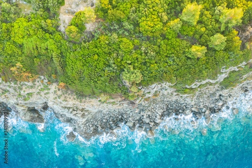 Aerial drone view of Paliouri Beach in Kassandra Sithonia penisula Chalkidiki Greece 
