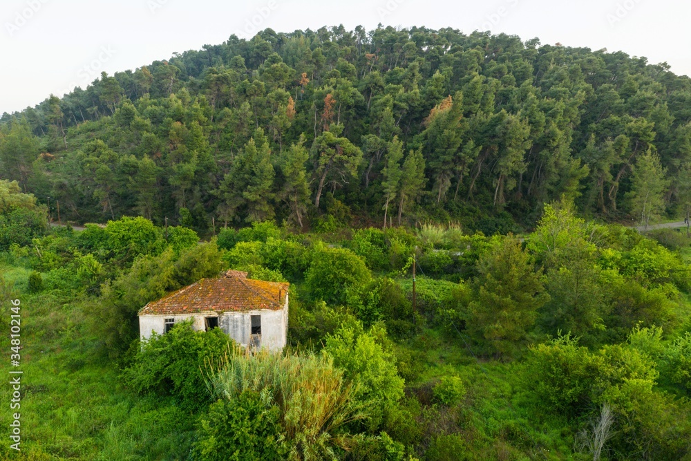 Aerial drone view of Paliouri Beach Chrousso Village in Kassandra Sithonia penisula Chalkidiki Greece Aerial drone view of Paliouri Beach Chrousso Village in Kassandra Sithonia penisula Chalkidiki Greece